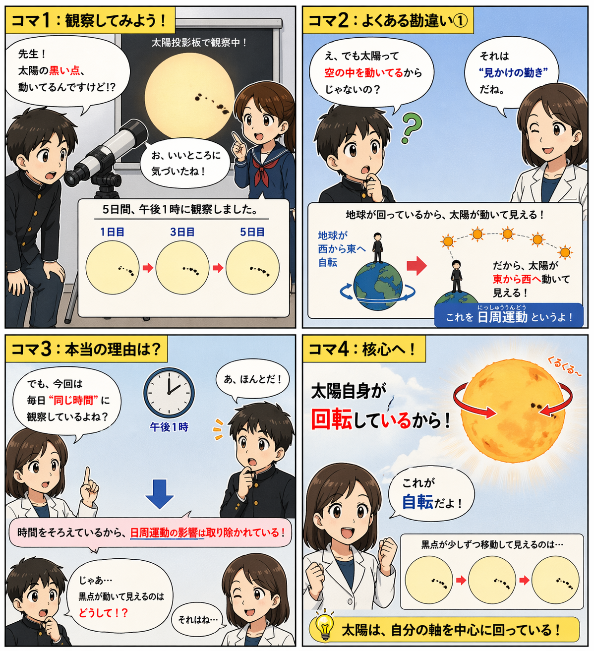 黒点観察、よくある誤解、同じ時刻に観察する意味、太陽の自転