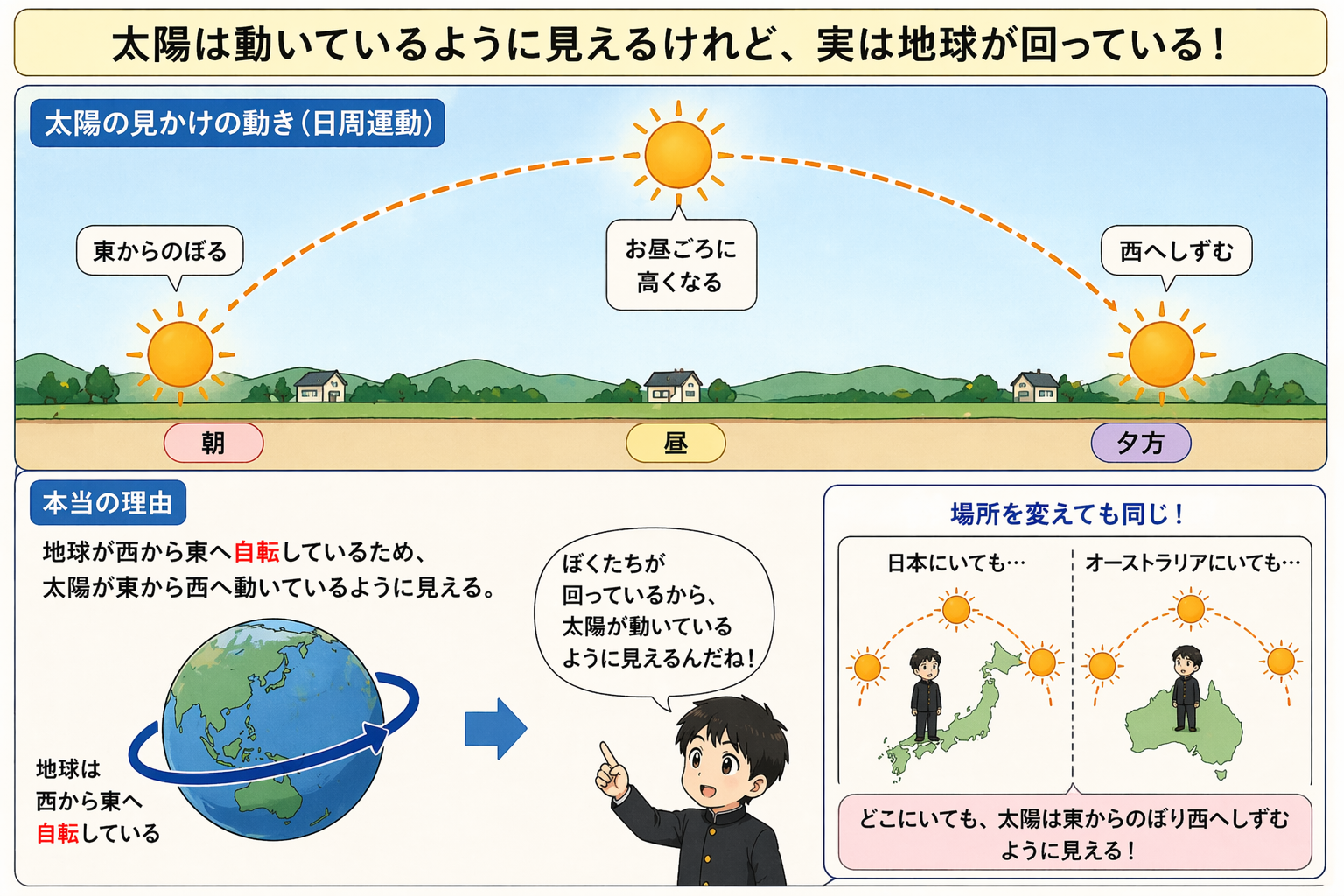 地球の自転と日周運動のイメージ図